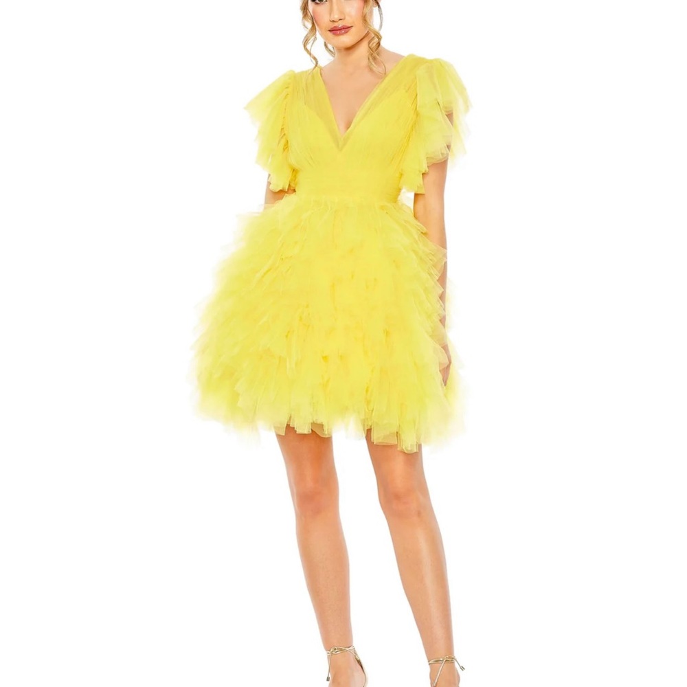 Yellow Tiered Tulle V-Neck Mini Dress